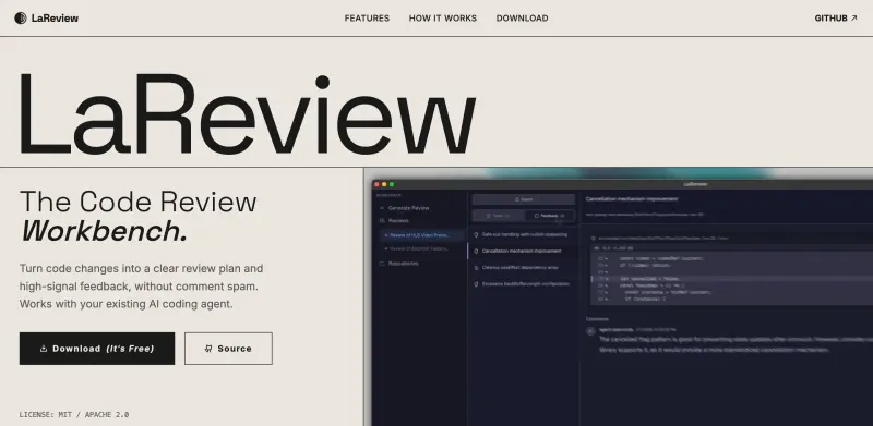 LaReview homepage showing Streamline your code review process with structured plans and high-signal