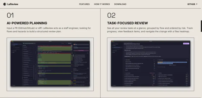 LaReview interface screenshot 2 showing Streamline your code review process with structured plans and high-signal