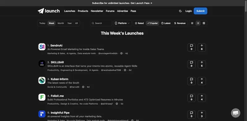 Launch homepage showing Join founders launching with AI. Discover the best new apps, vote on your