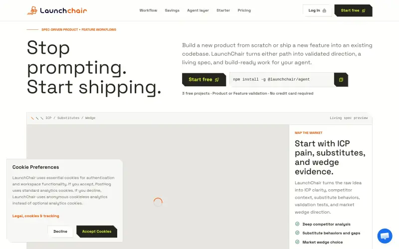 LaunchChair homepage showing Transform product ideas into validated specs and build-ready plans