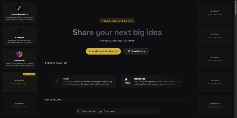 LaunchLog homepage showing Get your startup roasted