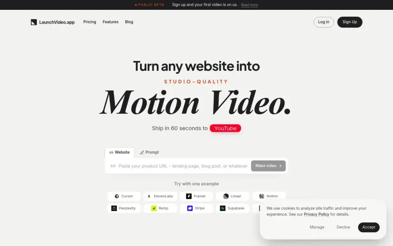 Launchvideo homepage showing Turn webpages into motion videos
