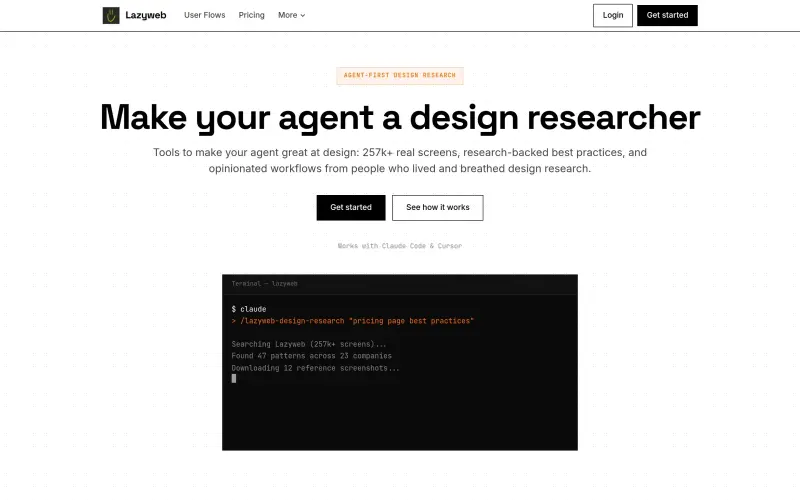 Lazyweb MCP homepage screenshot - Train AI agents with real-world app screens for better performance