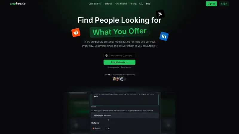 Leadverse homepage screenshot - Unlock high-intent leads from social media conversations