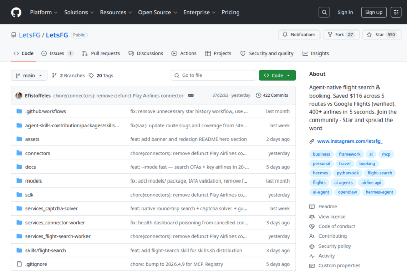 LetsFG homepage showing Discover real-time flight prices and save up to $50 per ticket with LetsFG's