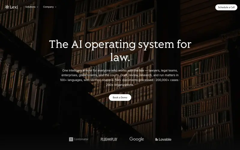 Lexi homepage showing The AI operating system for law to draft, review, and research