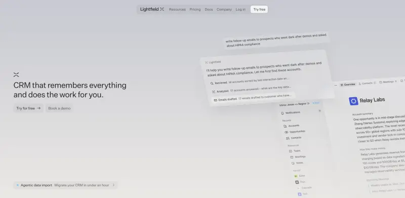 Lightfield homepage showing helps early-stage teams capture and analyze customer interactions, freeing
