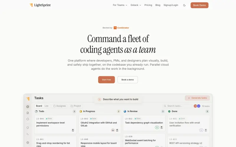 Lightsprint homepage showing Collaborative platform for teams to plan, build, and ship software with