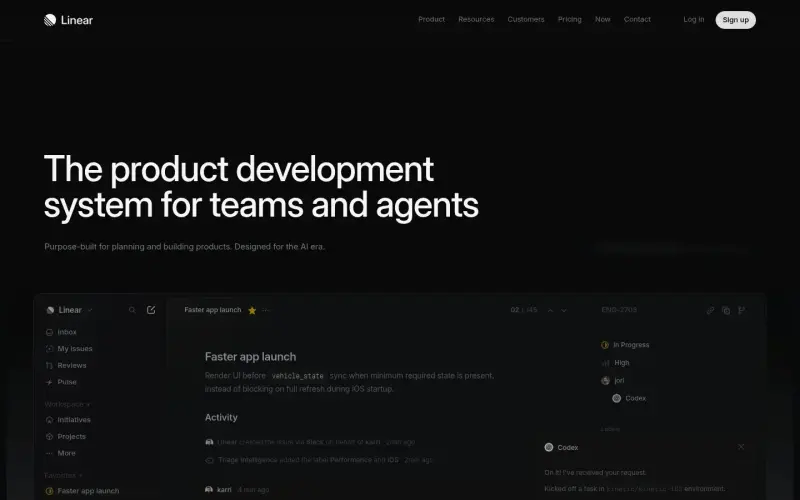 Linear homepage screenshot - Streamline product development with AI-powered planning and workflow automation