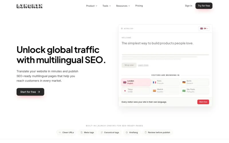 Lingrix homepage showing Translate websites with AI