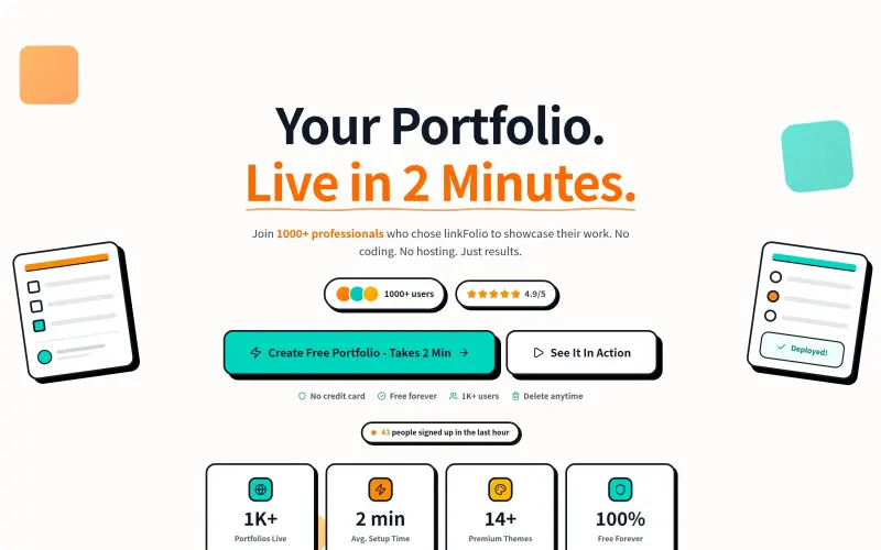 linkFolio homepage showing Your professional website, live in 2 minutes