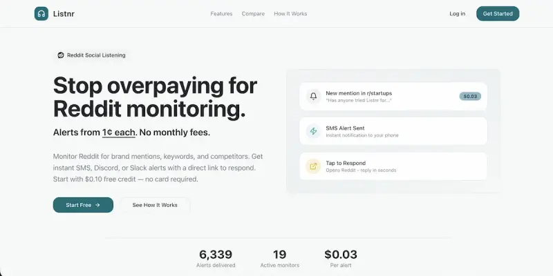 Listnr homepage showing Stay on top of online conversations and protect your brand reputation with