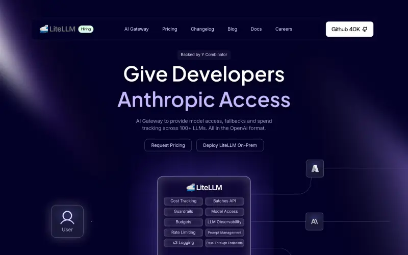 LiteLLM homepage showing Simplify LLM access and spend tracking