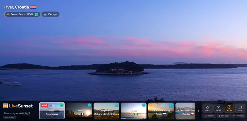 LiveSunset homepage showing Watch live sunsets from around the world