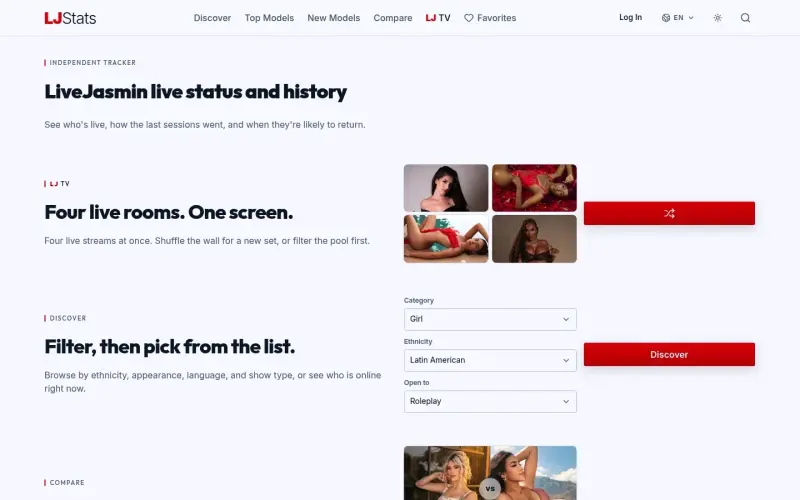 LJStats homepage showing Compare LiveJasmin models