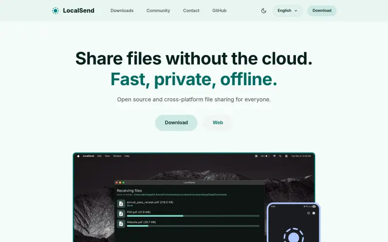 Localsend homepage showing Share files offline between nearby devices, fast and private