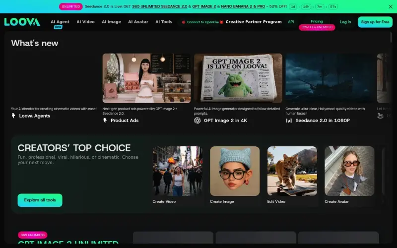 Loova AI homepage screenshot - Generate stunning AI images and videos with top models