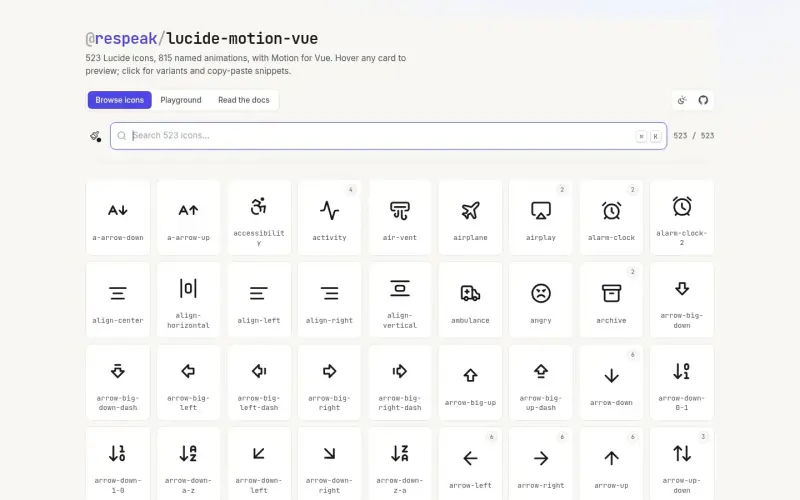 Lucide Motion Vue homepage showing Free Animated icons for Vue 3