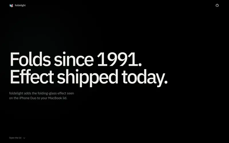 Lufzle homepage showing foldelight brings the iPhone Duo’s folding-glass effect to your MacBook lid