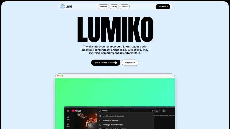 Lumiko homepage showing Capture life's moments with automatic cursor zoom and pan