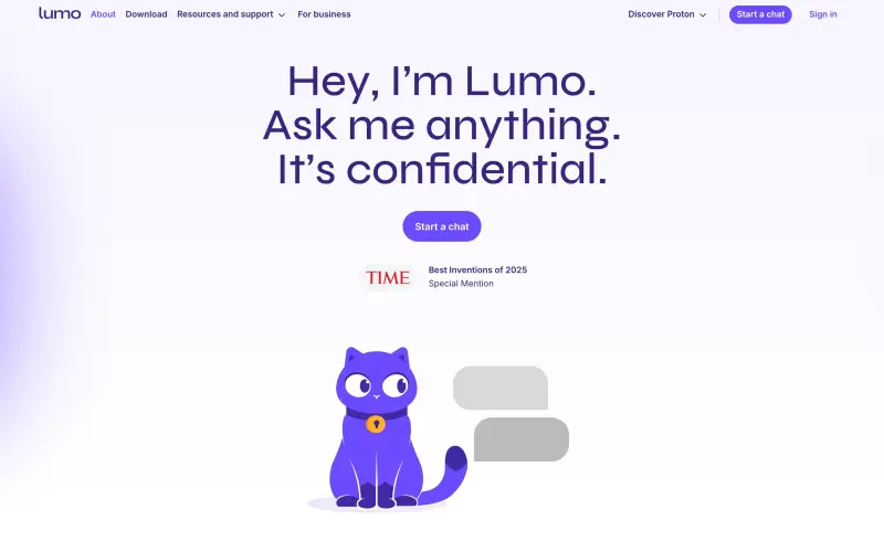 Lumo by Proton homepage showing AI that keeps your conversations secure and private
