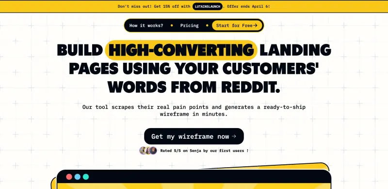 Lutains homepage showing Unlock high-converting landing pages