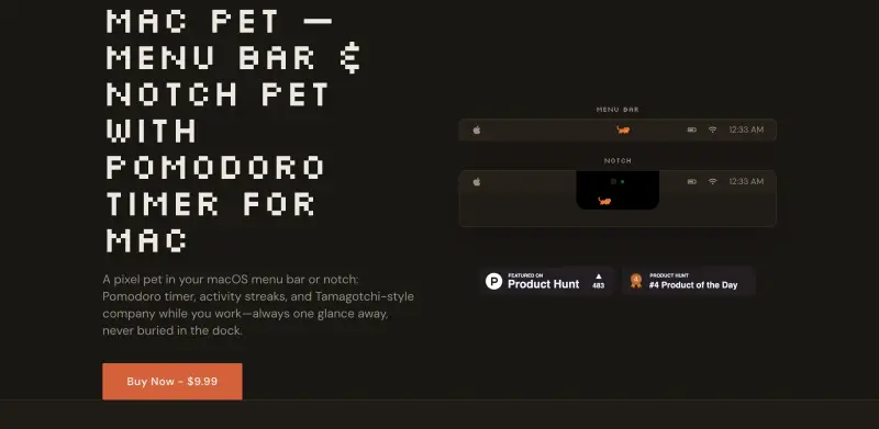 Mac Pet homepage showing Stay productive with a fun companion that tracks your work sessions and