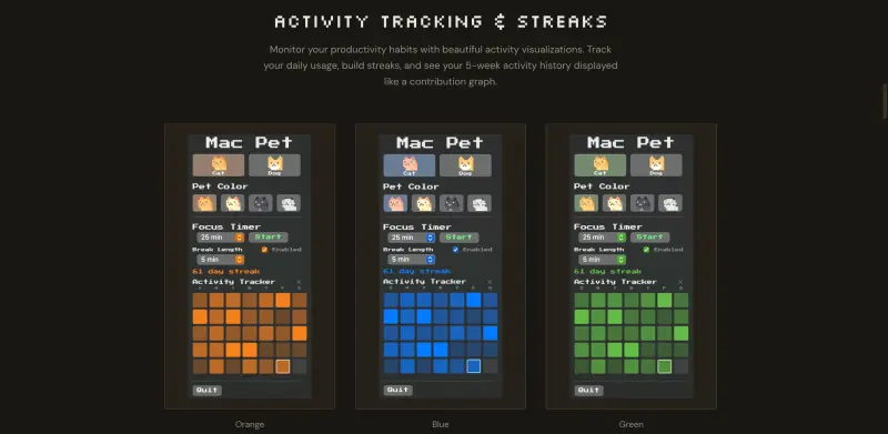 Mac Pet interface screenshot 3 showing Stay productive with a fun companion that tracks your work sessions and