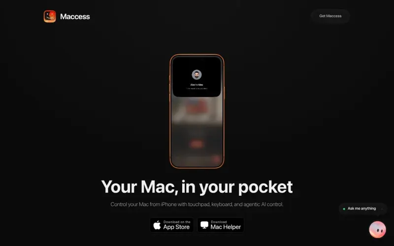 Maccess homepage showing Control Mac from iPhone with touchpad, keyboard, mirroring, files, AI