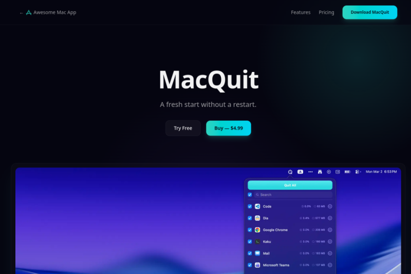 MacQuit homepage showing Simplify your workflow