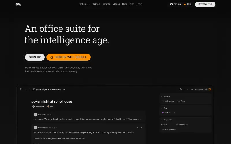 Macro homepage showing Unify email, chat, docs, and tasks for teams and AI agents