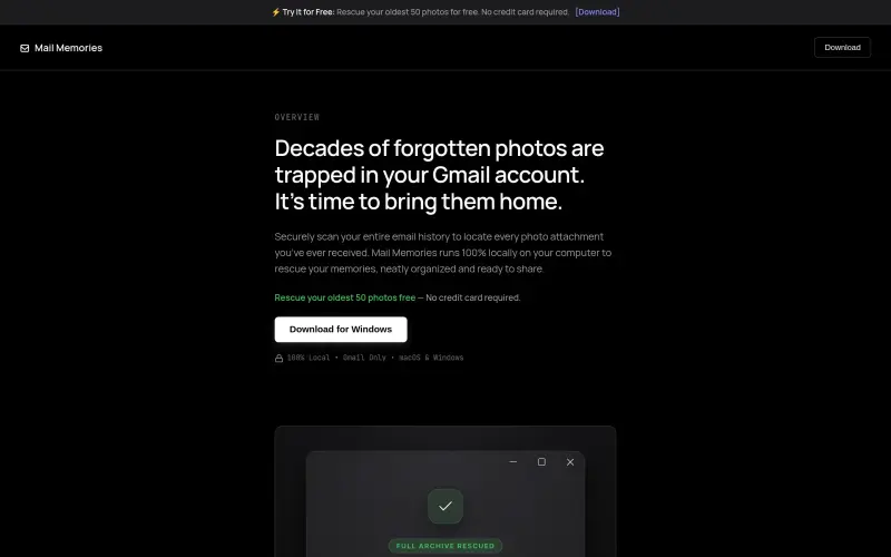 Mail Memories homepage showing Scan Gmail for lost photos