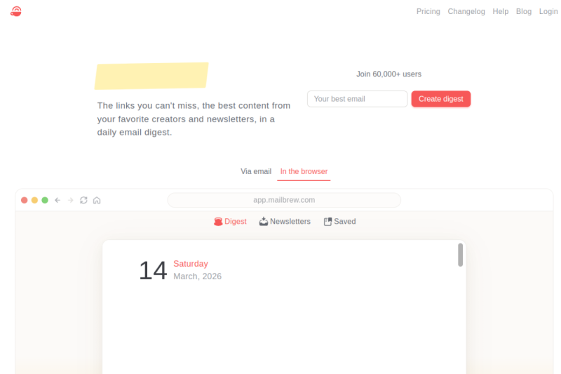 Mailbrew homepage showing Streamline your content curation and sharing with personalized, automated