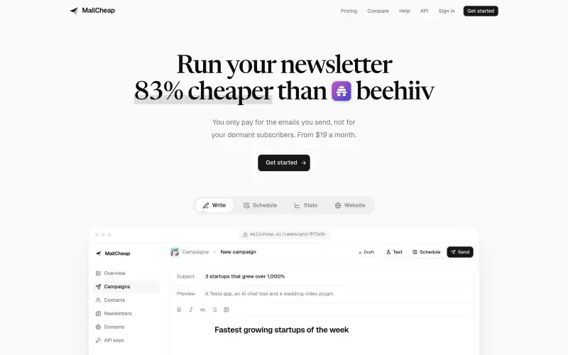 MailCheap homepage showing newsletter service for creators, run up to 83% cheaper