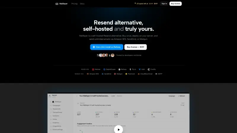 Maillayer homepage showing Self-hosted Resend alternative that lets you send unlimited email through SES