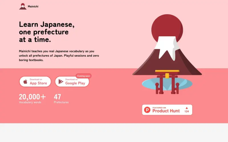 Mainichi homepage showing Learn Japanese in 5 minutes a day