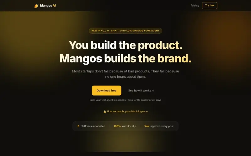 Mangos AI homepage showing Founders: An AI agent builds your brand