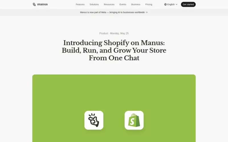 Manus Shopify Connector homepage showing Build Shopify stores with chat