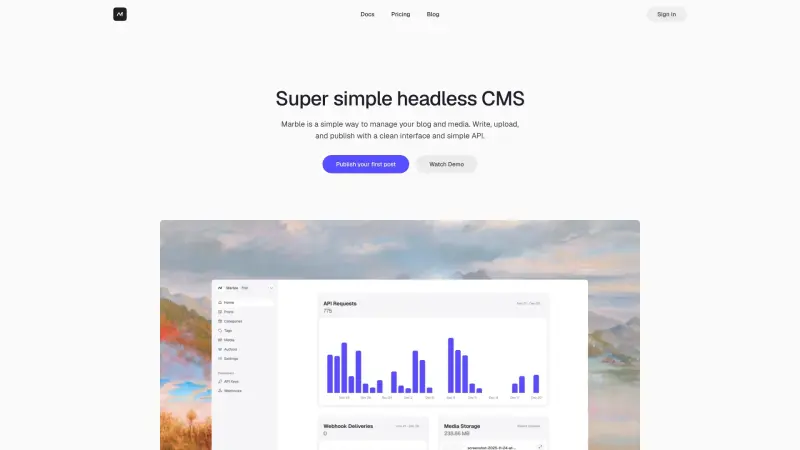 Marble homepage showing Headless CMS for blogs and media