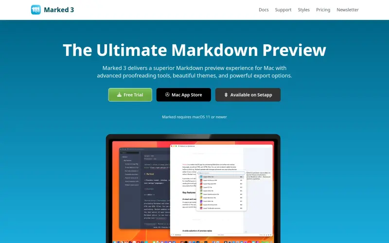 Marked 3 homepage showing Live Markdown preview and export