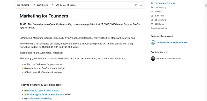 Marketing for Founders homepage showing A practical set of marketing resources to help founders grow their startups