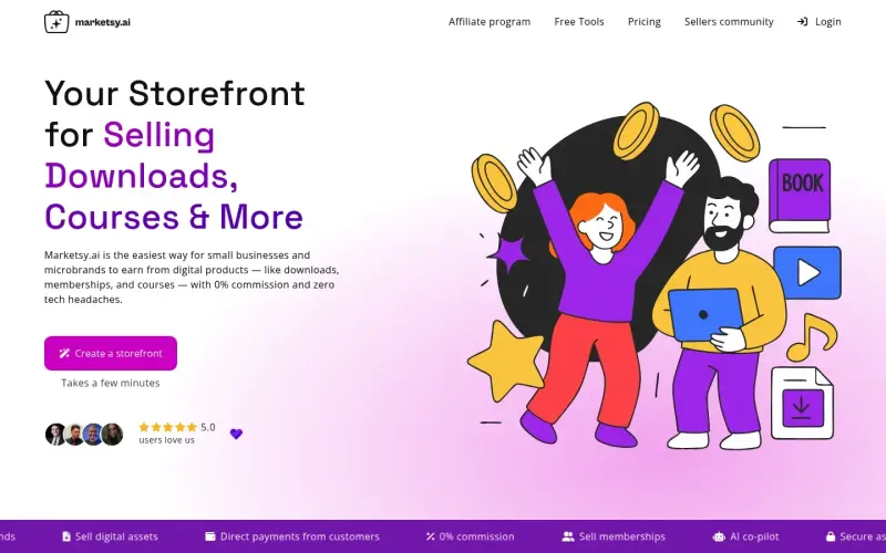 Marketsy homepage screenshot - Sell digital products with 0% commission and no tech hassle