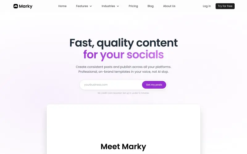 Marky homepage showing Create social posts with AI