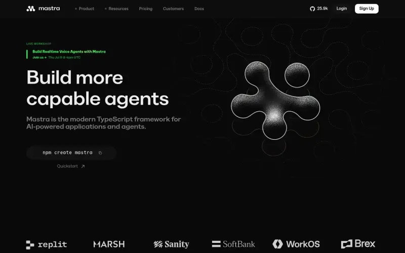 Mastra homepage showing Build AI agents with TypeScript