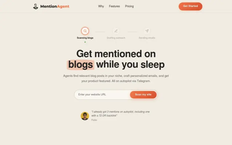 MentionAgent homepage showing AI agent for B2B SaaS backlinks, on autopilot