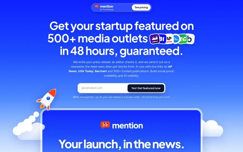 mention.page homepage showing Expertly crafted press releases distributed to 500+ news sites for guaranteed