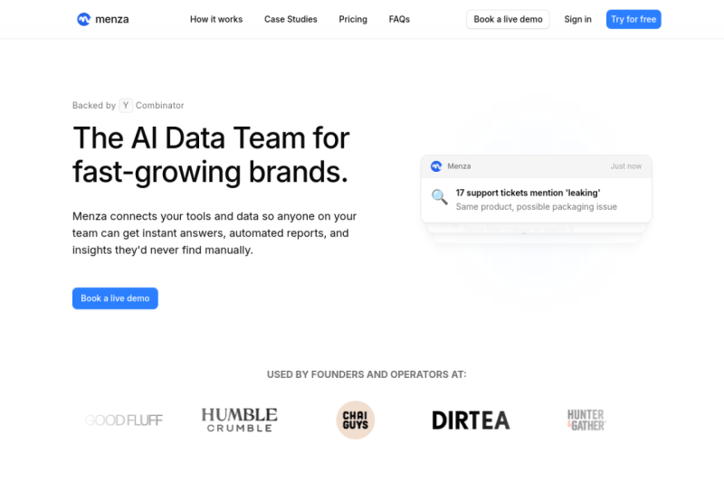 Menza homepage showing report building and identify revenue leaks to make data-driven decisions