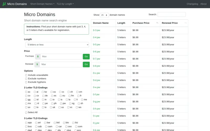 Micro Domains homepage screenshot - Find and register ultra-short domains with 5 letters or less