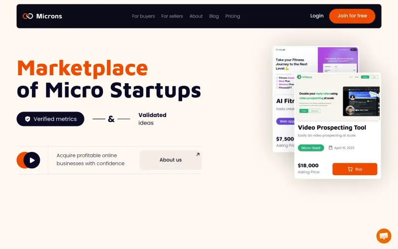 Microns homepage showing Buy verified micro startups with zero commission