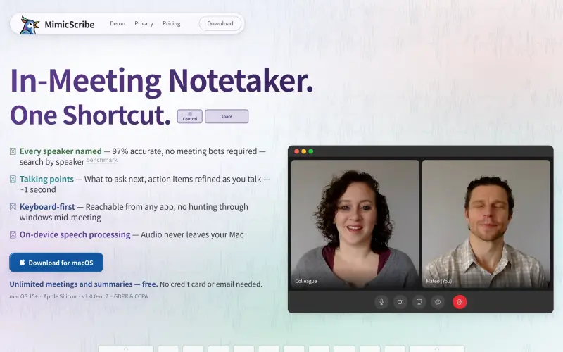 MimicScribe homepage showing AI notetaker for macOS meetings